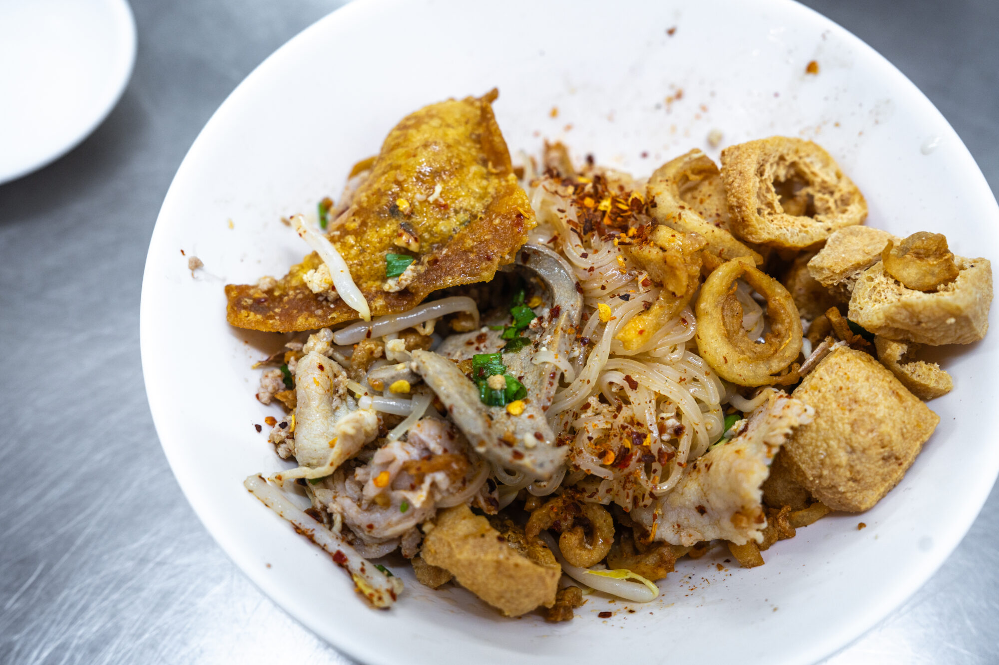 Dry Tom Yum Noodle w/ กากหมู (Fried Pork Skins / Pork Rinds)